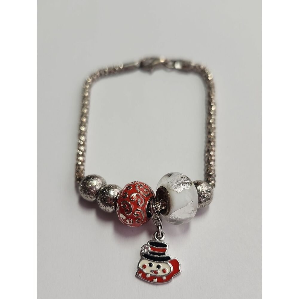 Sterling Silver Holiday Charm Bracelet with Red and White Beads